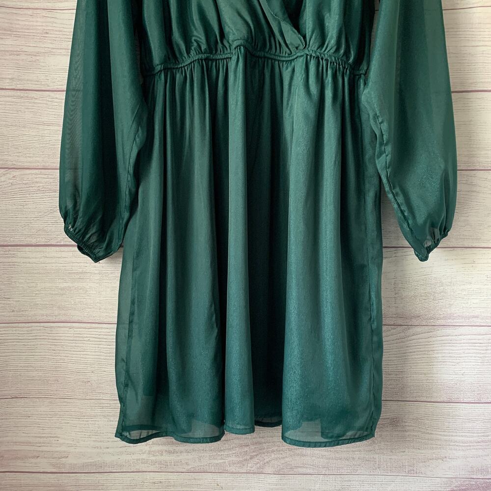 Andree by Unit Shimmery Forest Green Dress Sheer Long Sleeves Ruffle Size L - Picture 4 of 16